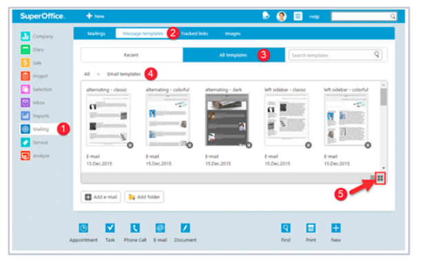 The SuperOffice email interface with five red numbered markers tracing the path to its message templates: Mailing in the left sidebar, then the Message templates tab, All templates, the Email templates breadcrumb, and the view toggle above the template thumbnails