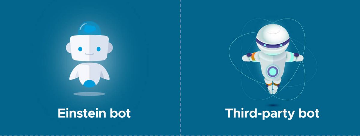 Two illustrated robots side by side on a teal ground, the left labelled Einstein bot and the right labelled Third-party bot, separated by a dashed line