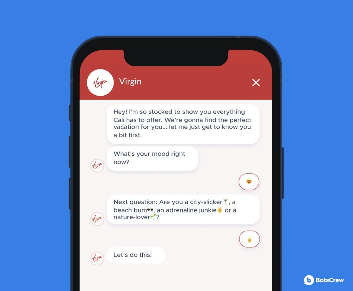 A phone screen showing the Virgin Holidays Messenger chatbot Cali-bot opening a conversation: “Hey! I'm so stocked to show you everything Cali has to offer. We're gonna find the perfect vacation for you… let me just get to know you a bit first.”, then asking the user's mood and whether they are a city-slicker, a beach bum, an adrenaline junkie or a nature-lover.