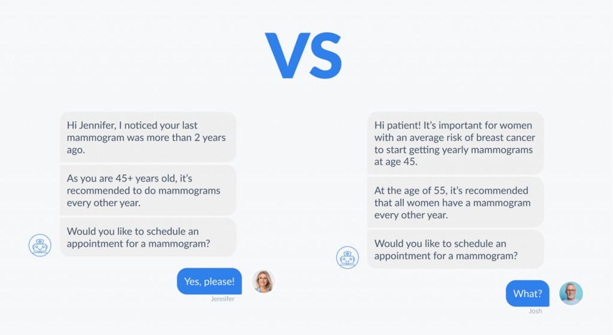 Two chat threads either side of a large VS. On the left, a personalized bot: "Hi Jennifer, I noticed your last mammogram was more than 2 years ago. As you are 45+ years old, it's recommended to do mammograms every other year. Would you like to schedule an appointment for a mammogram?" — Jennifer replies "Yes, please!". On the right, a generic bot addressing "Hi patient!" with the same advice as general guidance, to which Josh replies "What?".
