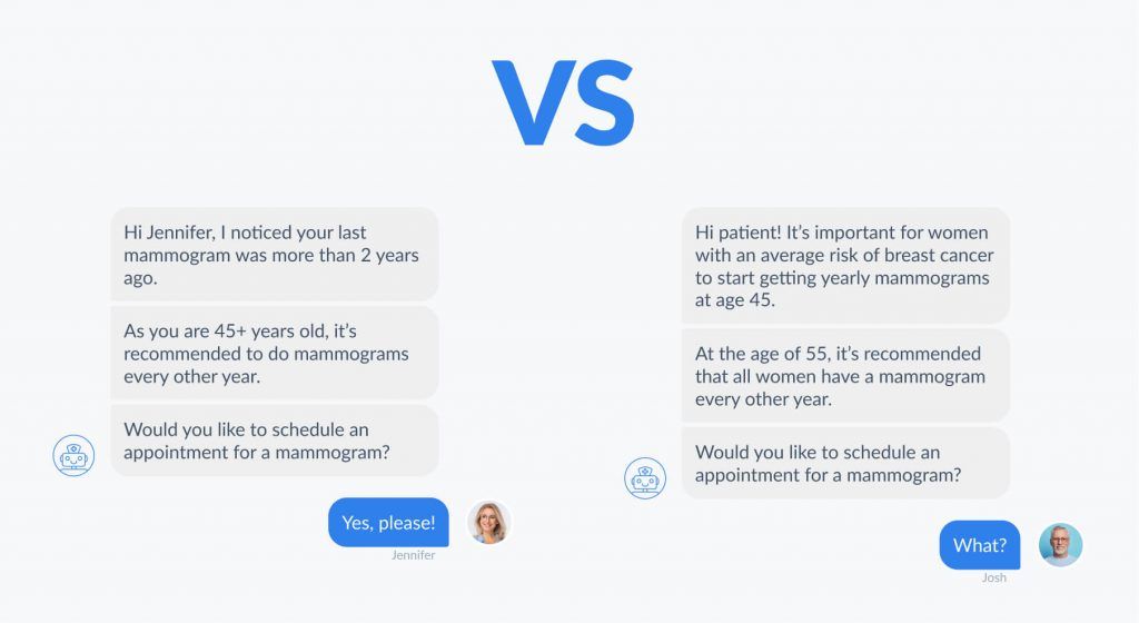 Two chat threads either side of a large VS. On the left, a personalized bot: "Hi Jennifer, I noticed your last mammogram was more than 2 years ago. As you are 45+ years old, it's recommended to do mammograms every other year. Would you like to schedule an appointment for a mammogram?" — Jennifer replies "Yes, please!". On the right, a generic bot addressing "Hi patient!" with the same advice as general guidance, to which Josh replies "What?".