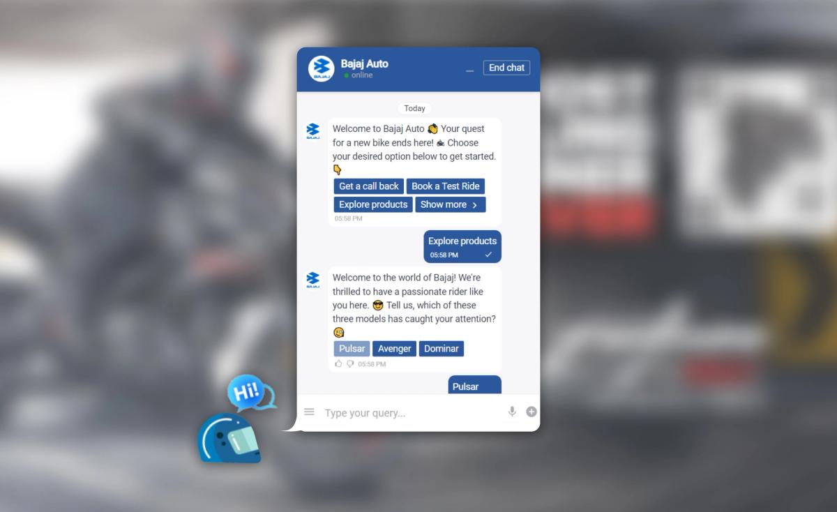 The Bajaj Auto website chatbot: a welcome message offering “Get a call back”, “Book a Test Ride” and “Explore products”, then a follow-up asking which of the Pulsar, Avenger and Dominar models caught the rider's attention