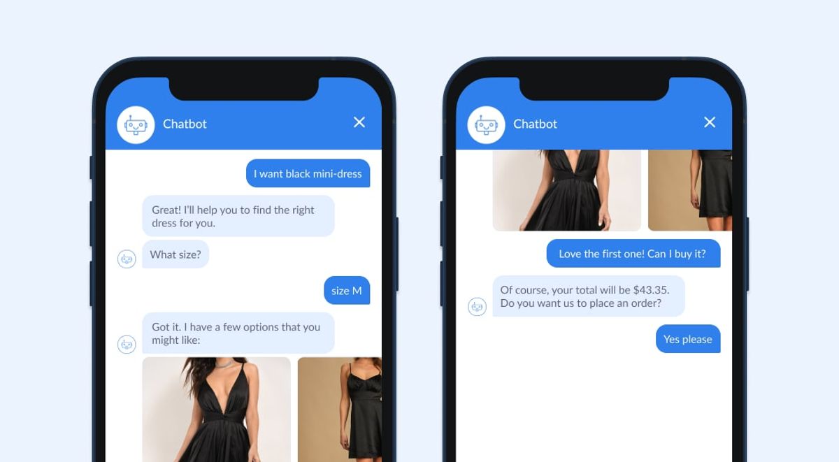 Two chat mockups of a personal shopping assistant: the shopper asks for a black mini-dress, the chatbot asks the size, she answers M and the bot returns dress photos; in the second she picks one and the bot quotes a $43.35 total and offers to place the order