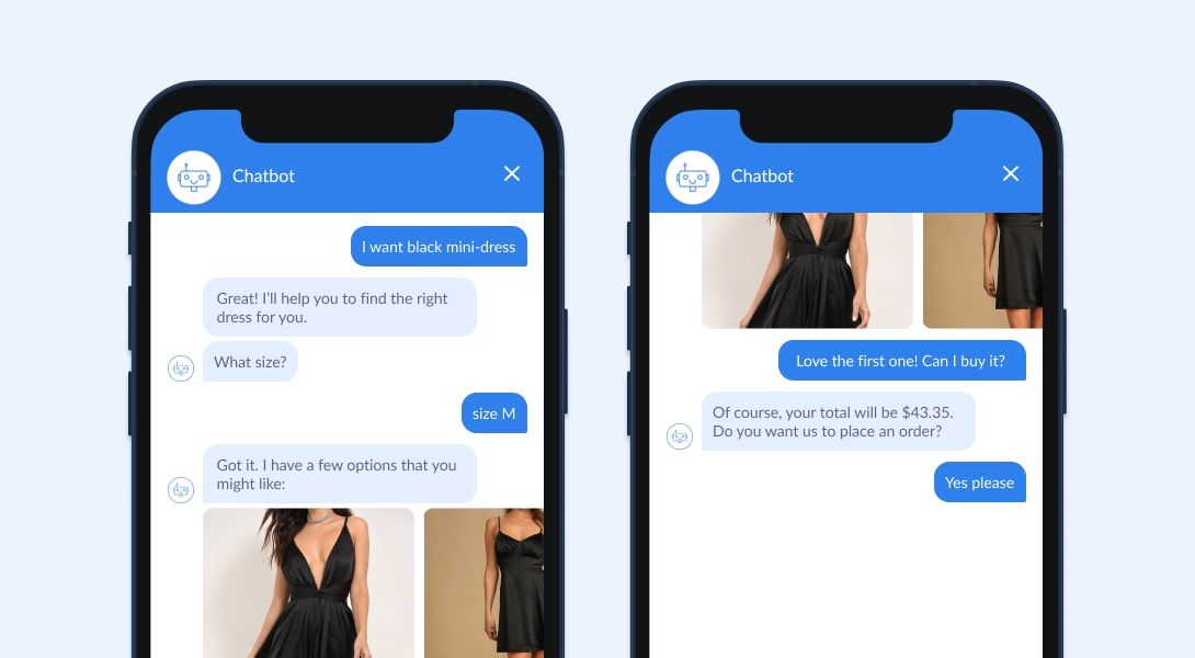 Two chat mockups of a personal shopping assistant: the shopper asks for a black mini-dress, the chatbot asks the size, she answers M and the bot returns dress photos; in the second she picks one and the bot quotes a $43.35 total and offers to place the order