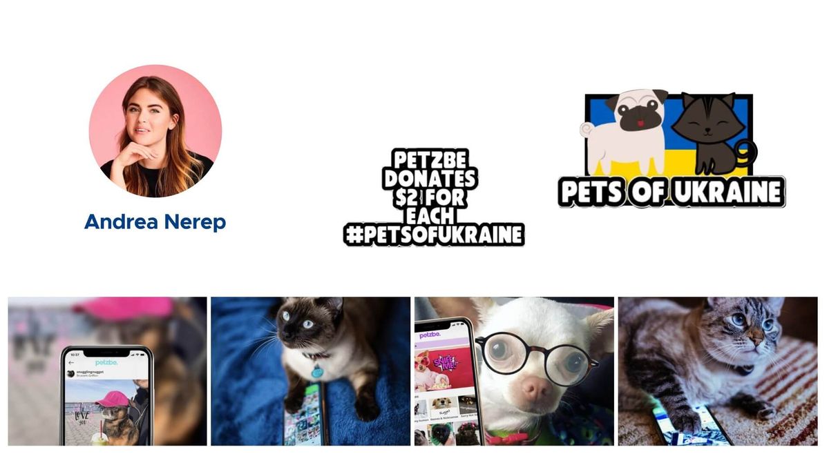 Petzbe founder Andrea Nerep beside the #PetsOfUkraine campaign badge and photos of pets shared in the Petzbe app