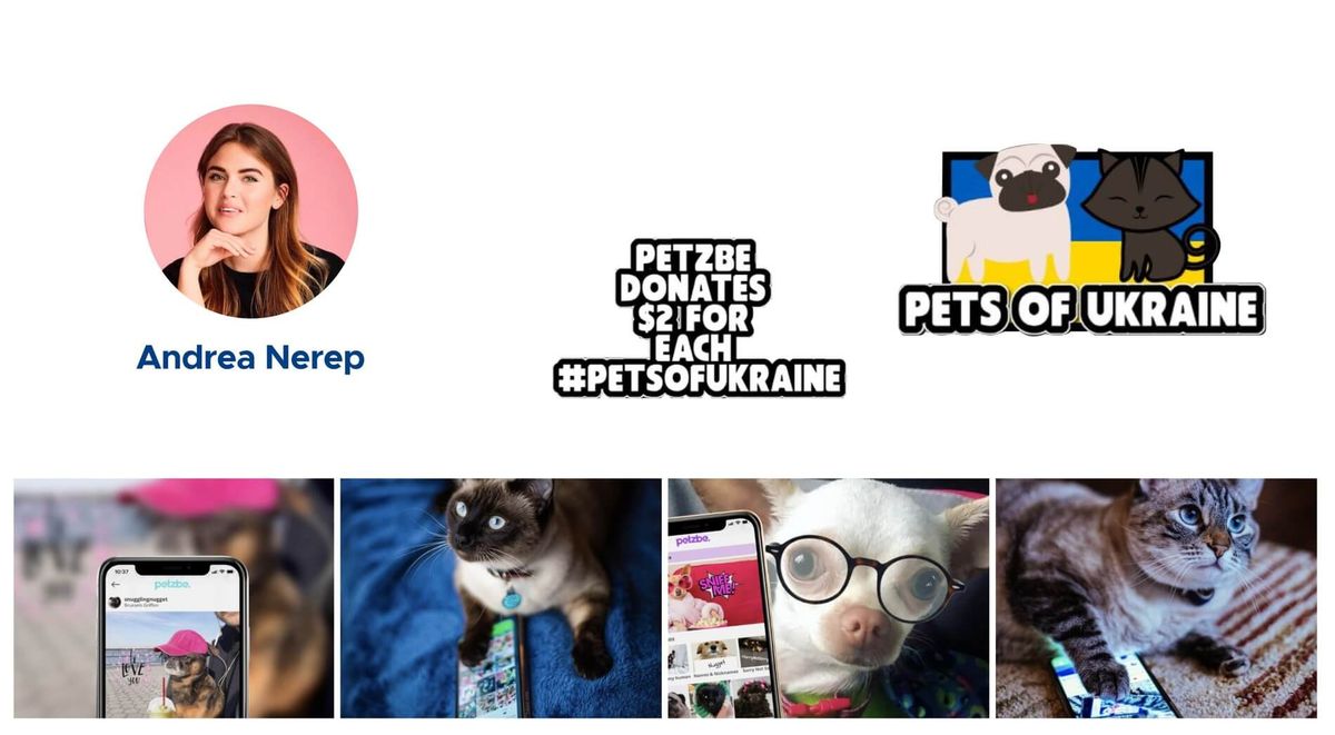 Petzbe founder Andrea Nerep beside the #PetsOfUkraine campaign badge and photos of pets shared in the Petzbe app
