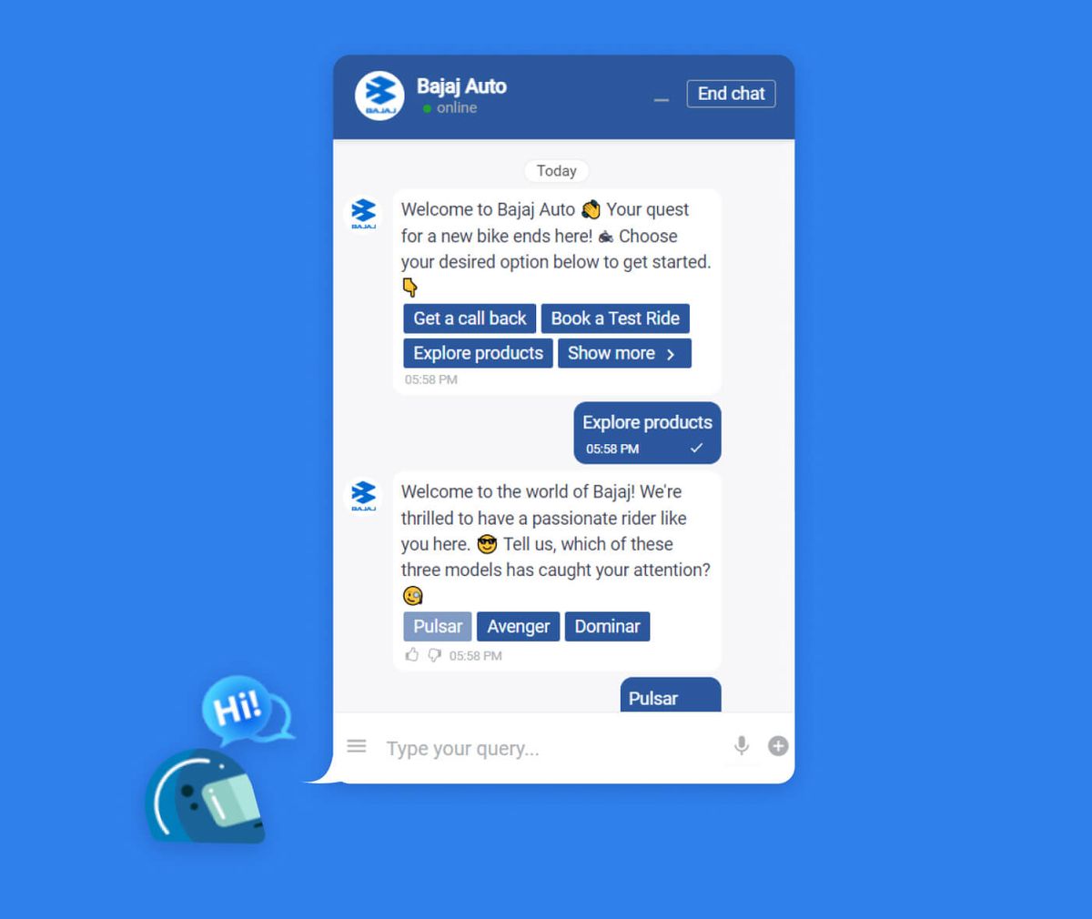 Screenshot of the Bajaj Auto chat widget: the bot welcomes a visitor shopping for a new bike and offers "Get a call back", "Book a Test Ride" and "Explore products", then asks which of the Pulsar, Avenger and Dominar models caught their attention.