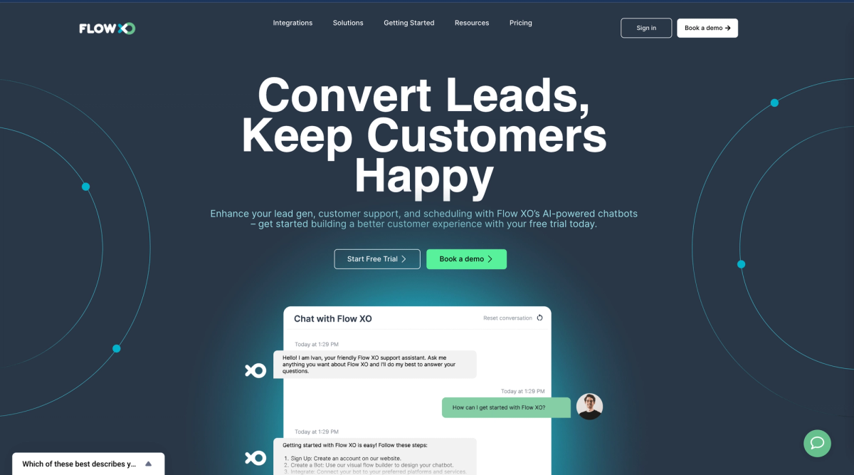 The Flow XO homepage: “Convert Leads, Keep Customers Happy” on a dark background above a sample chatbot conversation.