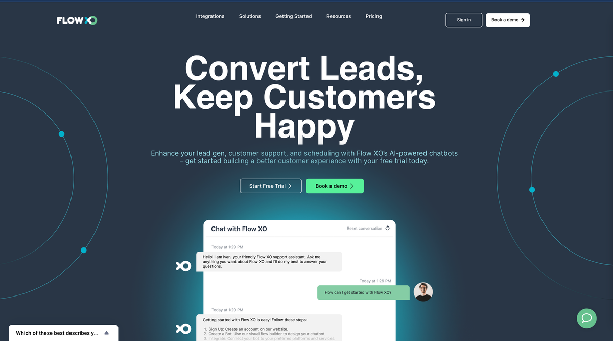 The Flow XO homepage: “Convert Leads, Keep Customers Happy” on a dark background above a sample chatbot conversation.
