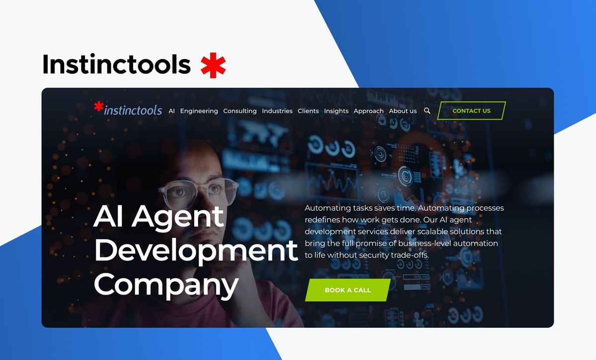The Instinctools wordmark above a screenshot of the instinctools AI Agent Development Company page, showing a man in glasses beside copy about scalable, business-level agent automation