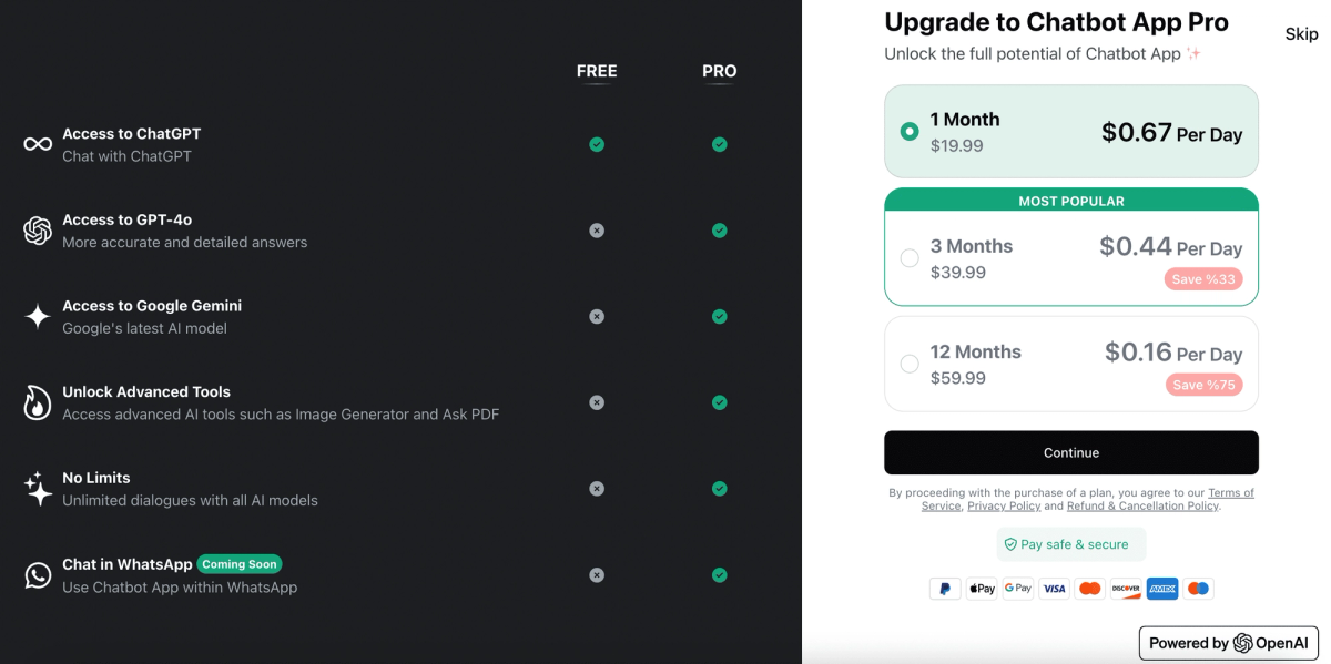 Chatbot App Pro upgrade screen comparing the free and pro plans - GPT-4o, Google Gemini, advanced tools and unlimited dialogues - priced from $19.99 a month
