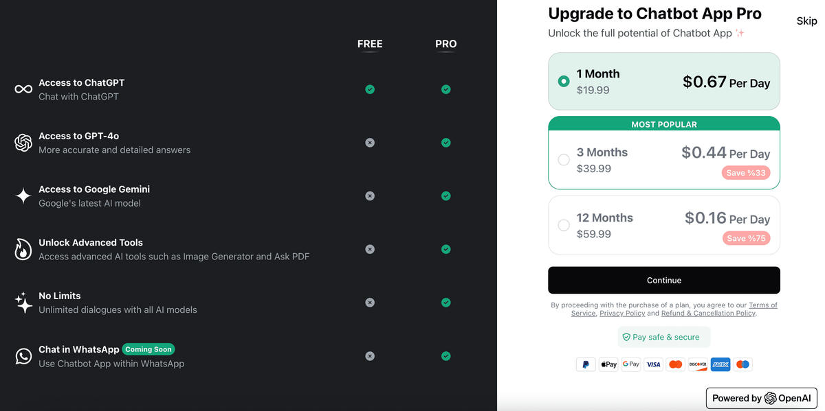 Chatbot App Pro upgrade screen comparing the free and pro plans - GPT-4o, Google Gemini, advanced tools and unlimited dialogues - priced from $19.99 a month