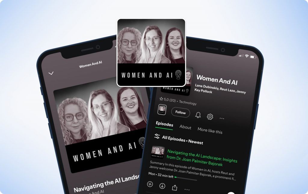 Women and AI cover art beside the show open in a podcast app on two phones