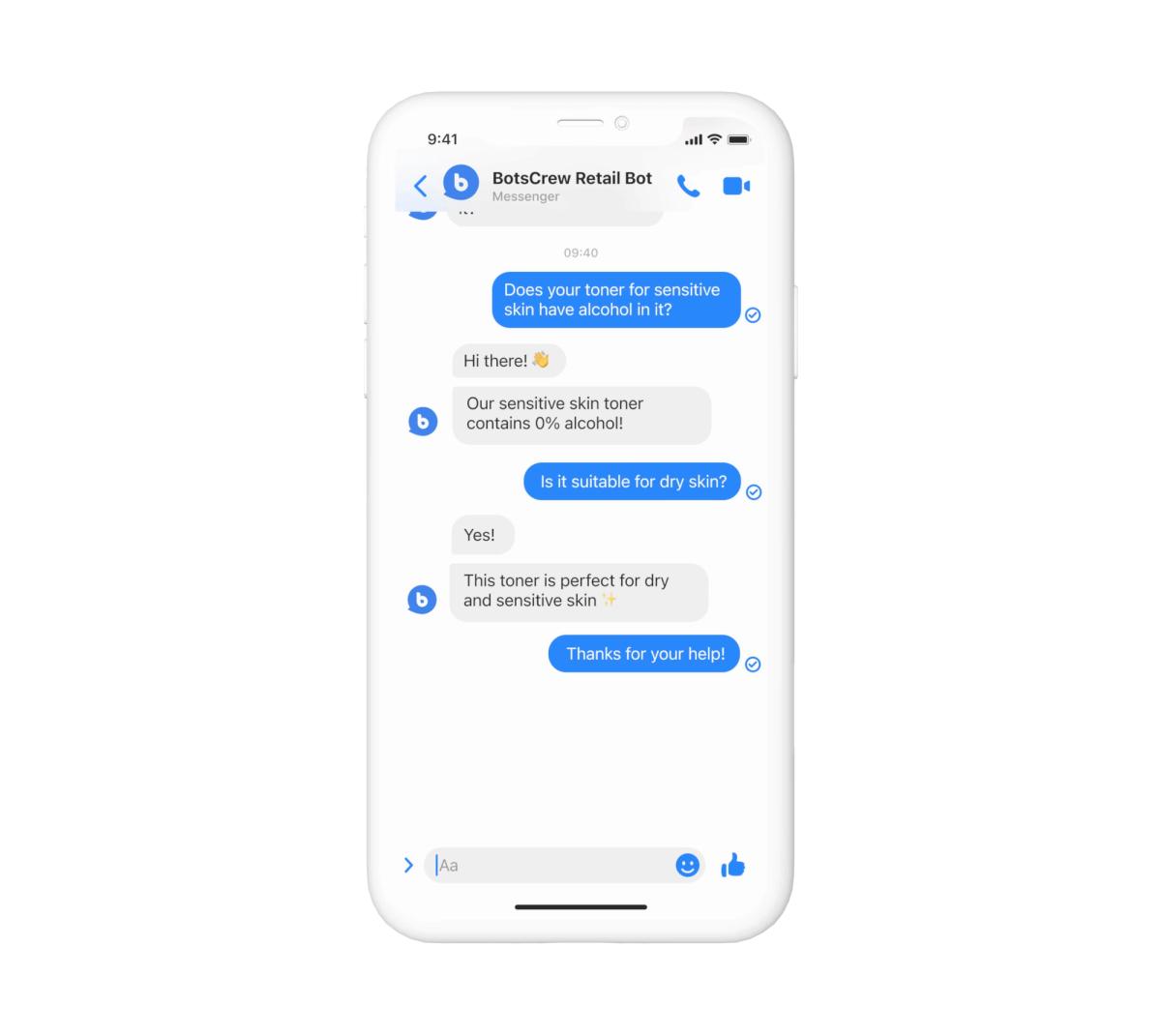 Messenger conversation with the BotsCrew Retail Bot about product details: asked whether the toner for sensitive skin contains alcohol, the bot answers that it contains 0% alcohol and confirms it suits dry and sensitive skin
