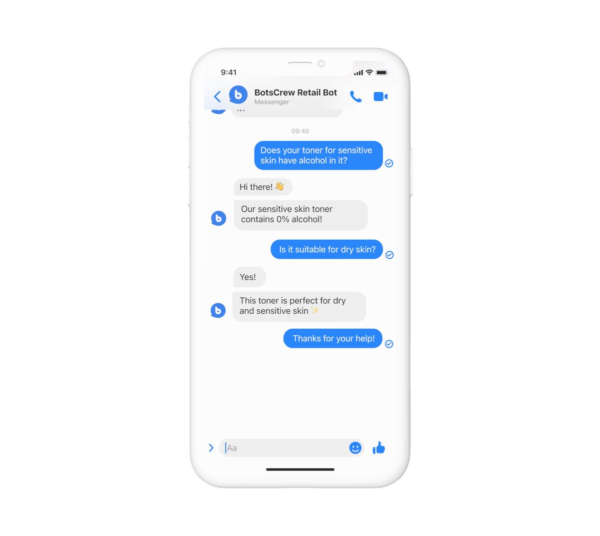 Messenger conversation with the BotsCrew Retail Bot about product details: asked whether the toner for sensitive skin contains alcohol, the bot answers that it contains 0% alcohol and confirms it suits dry and sensitive skin