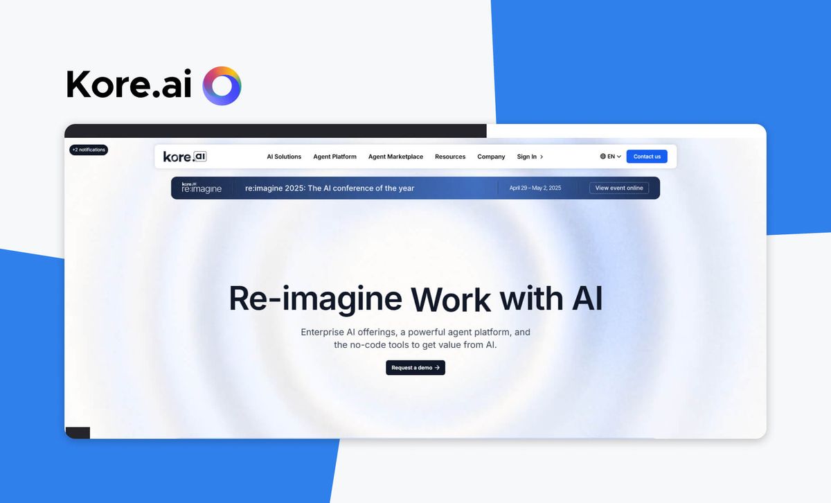 The Kore.ai logo above a screenshot of the Kore.ai homepage