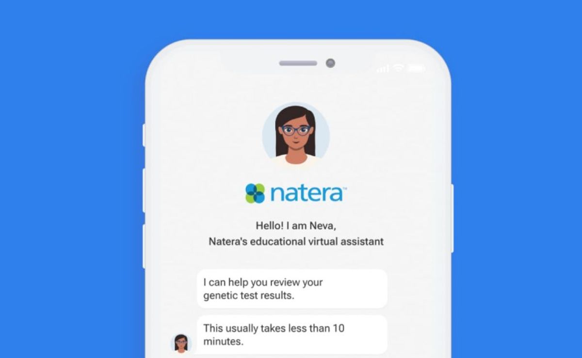 A phone screen showing Natera's chatbot: "Hello! I am Neva, Natera's educational virtual assistant", followed by "I can help you review your genetic test results" and "This usually takes less than 10 minutes"