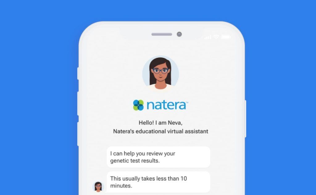 A phone screen showing Natera's chatbot: "Hello! I am Neva, Natera's educational virtual assistant", followed by "I can help you review your genetic test results" and "This usually takes less than 10 minutes"