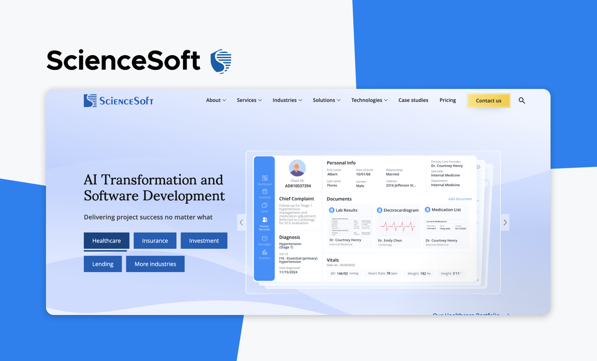 The ScienceSoft logo above a screenshot of the ScienceSoft homepage