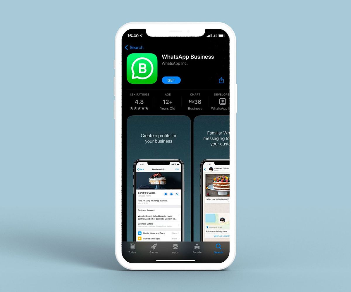 The WhatsApp Business listing on the Apple App Store: the green B logo, a GET button, 4.8 stars from 1.3K ratings, a 12+ age rating, chart position No 36 in Business, and preview screenshots headed "Create a profile for your business"