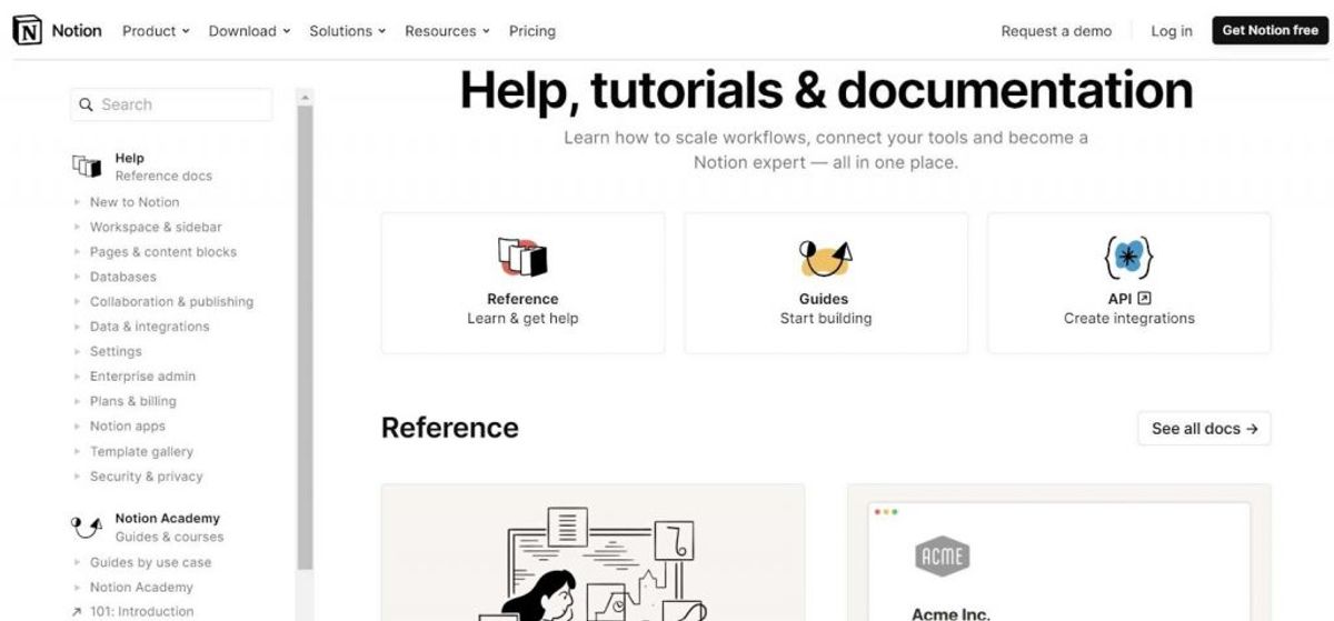 Notion's Help, tutorials and documentation centre: a searchable sidebar of reference docs beside Reference, Guides and API cards