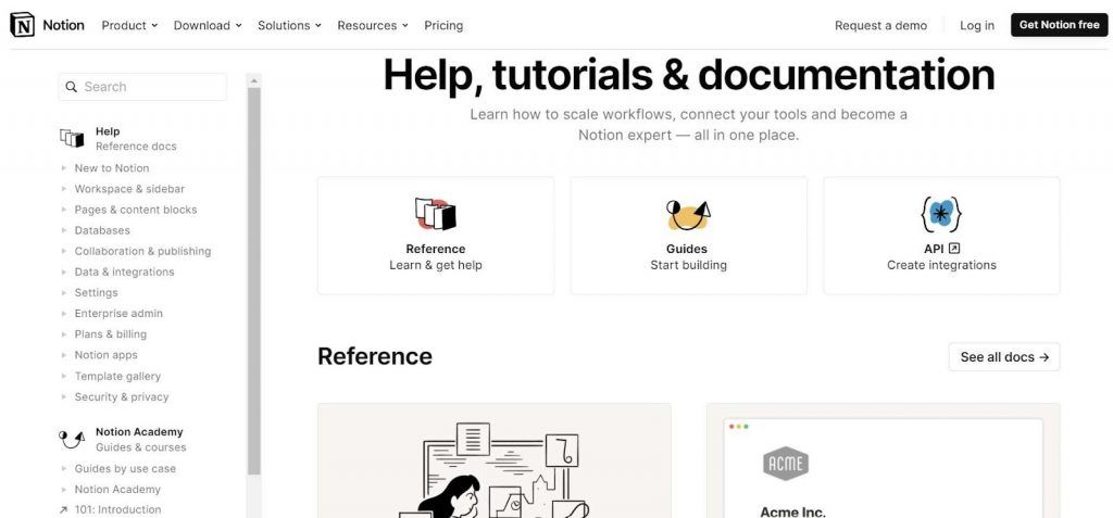 Notion's Help, tutorials and documentation centre: a searchable sidebar of reference docs beside Reference, Guides and API cards