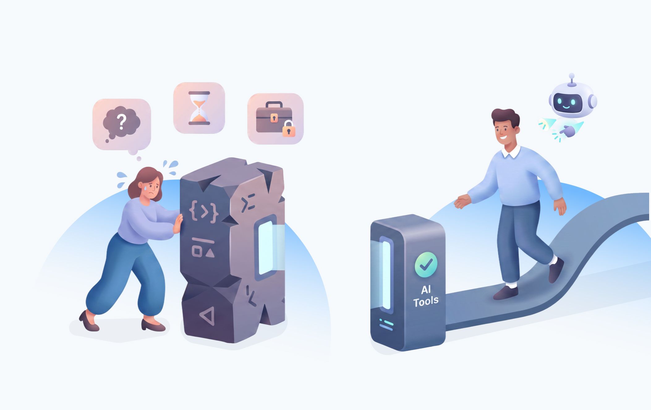 Split illustration: an employee struggling to push a broken, locked tool on the left, versus an employee confidently walking toward an AI Tools kiosk guided by a friendly robot on the right