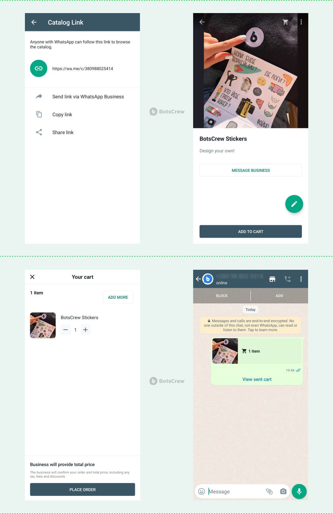 Four WhatsApp Business screens: the Catalog Link sheet with a wa.me link and Send, Copy and Share options; a BotsCrew Stickers product page with Message business and Add to cart; the cart holding one item with a Place order button; and the chat showing the sent cart as a 1 item message