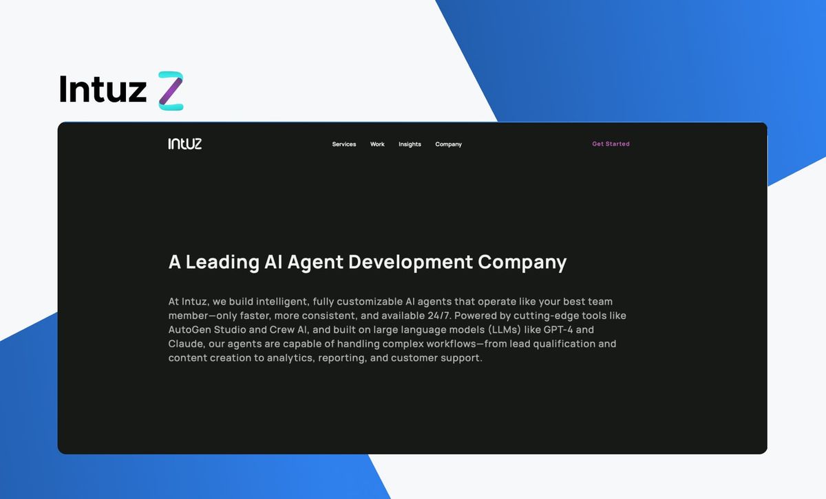 The Intuz wordmark above a screenshot of the Intuz site, headlined 'A Leading AI Agent Development Company', with copy about customizable agents built on GPT-4 and Claude