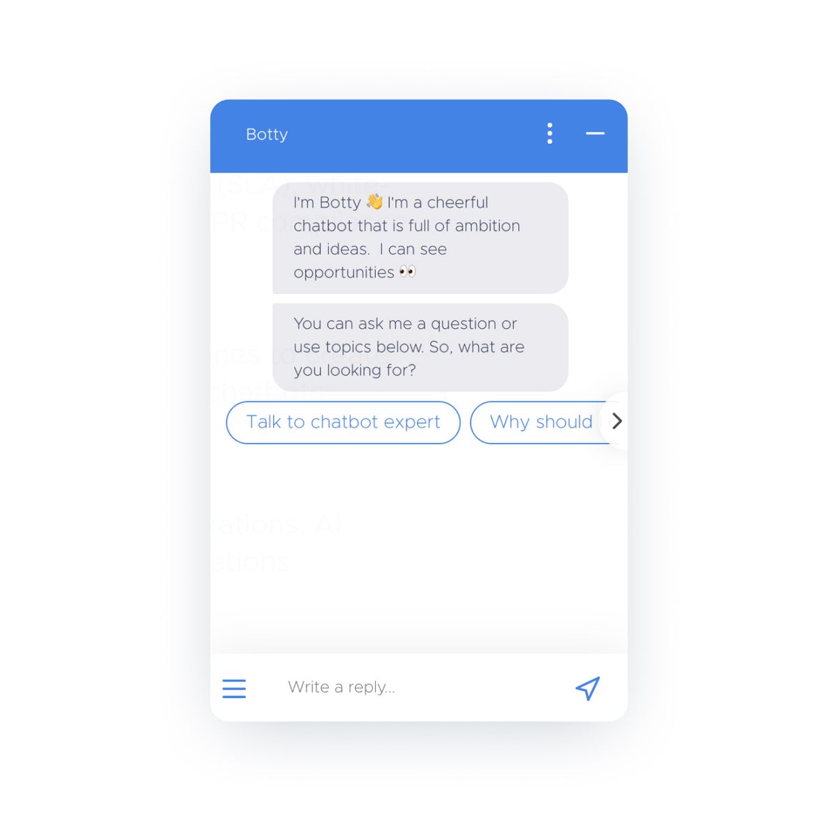 Chat widget mockup for a bot called Botty introducing itself and offering a “Talk to chatbot expert” quick reply beside a further option, above a “Write a reply...” field