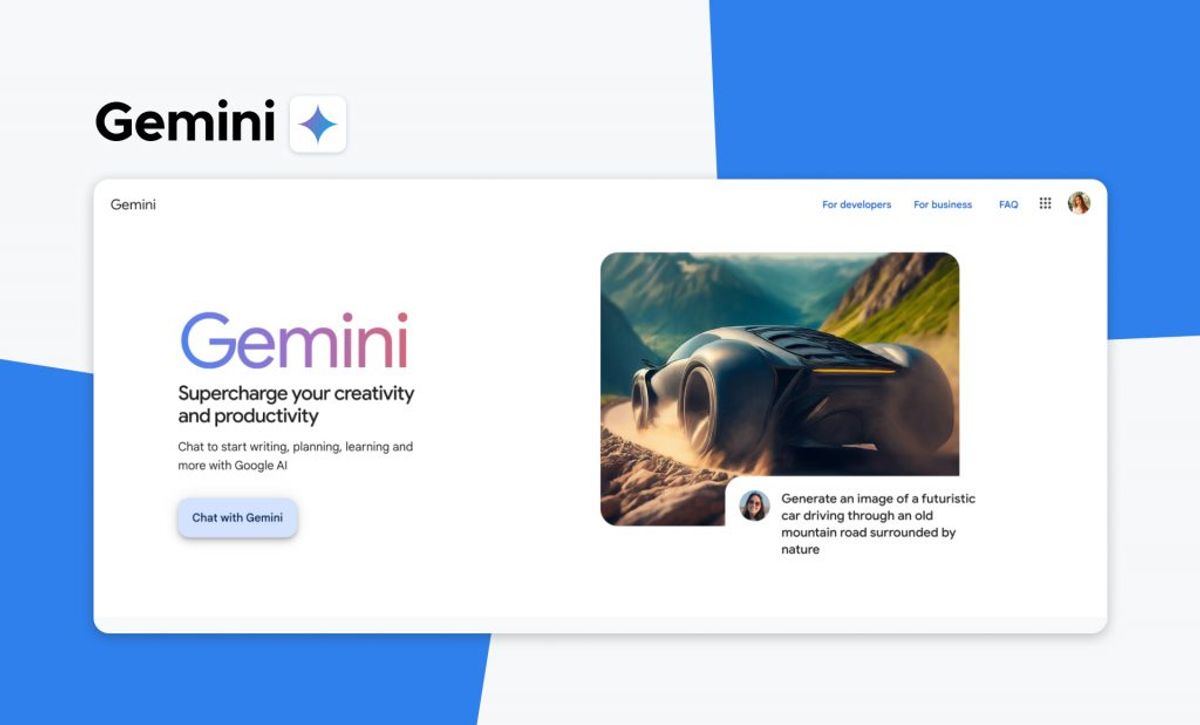 Gemini card showing Google's "Supercharge your creativity and productivity" page with a Chat with Gemini button beside a generated image of a futuristic car on a mountain road