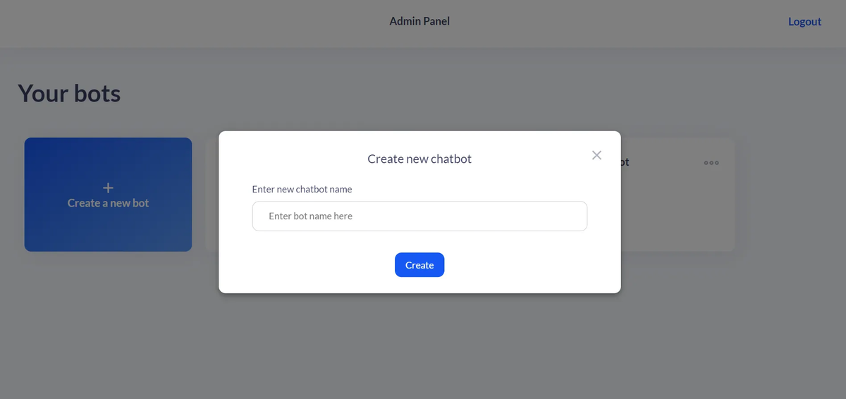 "Create new chatbot" dialog over the admin panel, with a bot-name field and a Create button