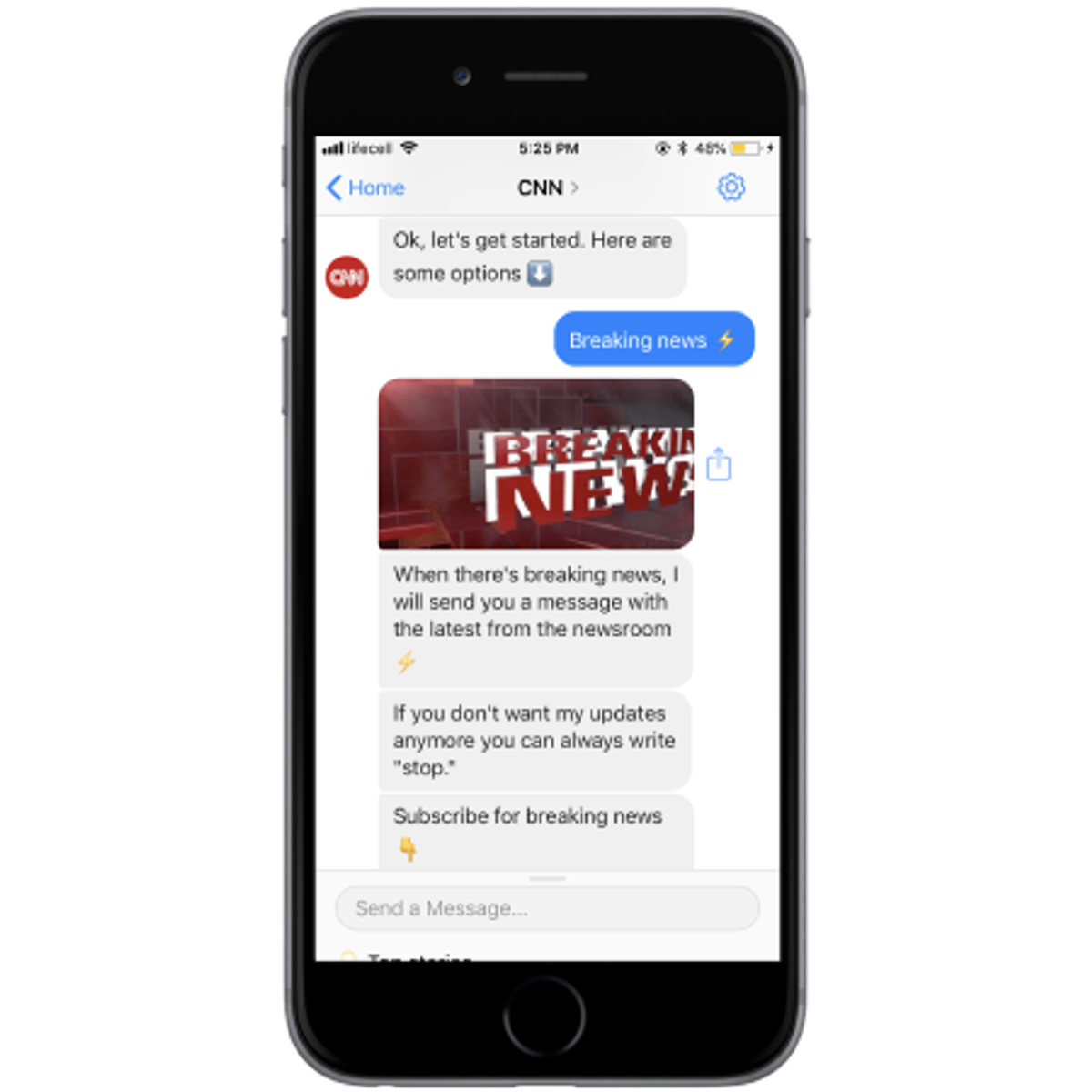 The CNN chatbot in Facebook Messenger on an iPhone, offering breaking-news alerts and a “Subscribe for breaking news” option