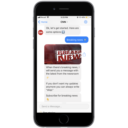 The CNN chatbot in Facebook Messenger on an iPhone, offering breaking-news alerts and a “Subscribe for breaking news” option