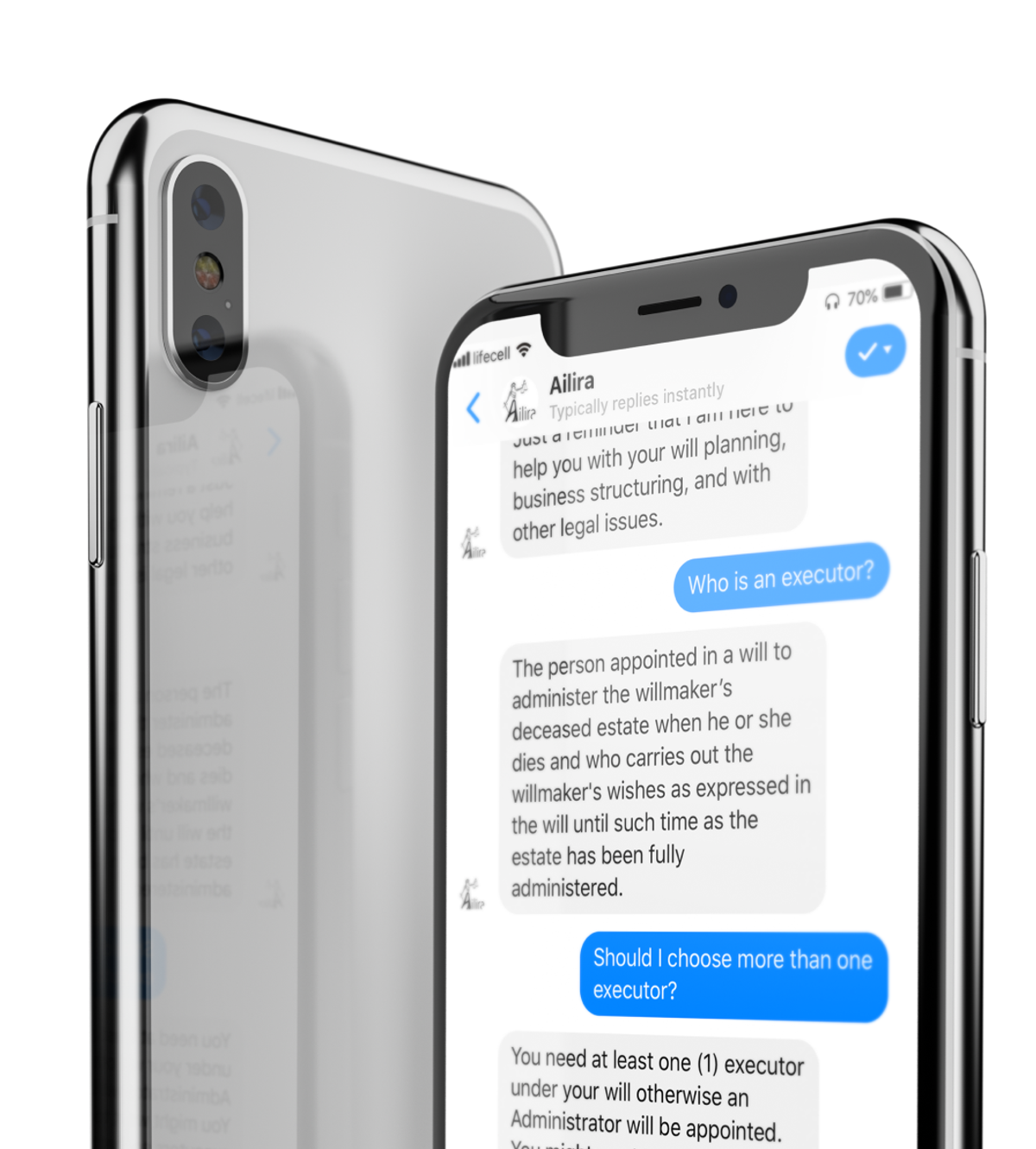 Two iPhones, one face-down and one face-up, showing a Messenger conversation with Ailira: the bot explains it can help with will planning and business structuring, then answers "Who is an executor?" and "Should I choose more than one executor?" with full definitions
