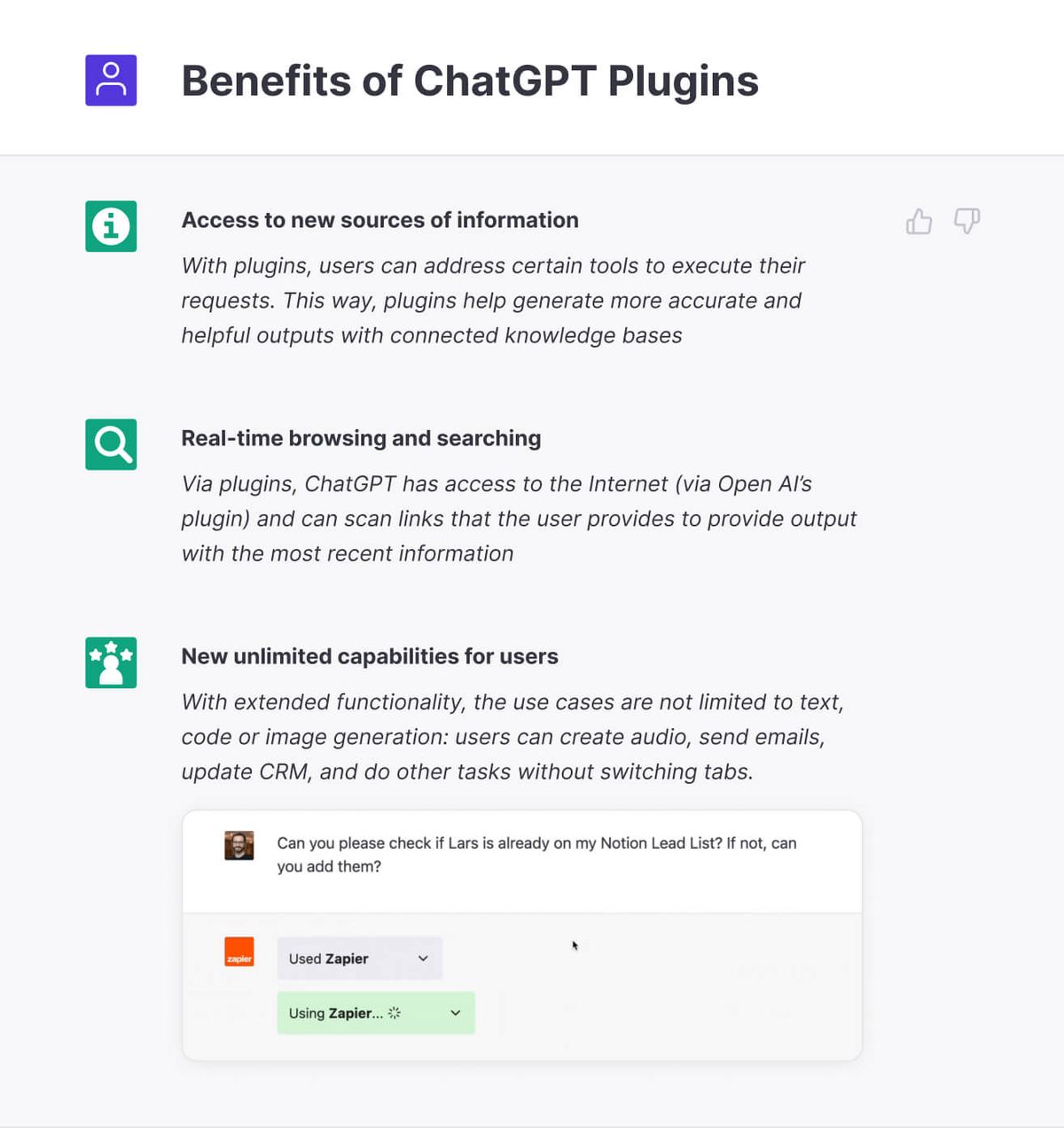 Panel titled “Benefits of ChatGPT Plugins” listing three benefits: Access to new sources of information — with plugins, users can address certain tools to execute their requests, helping generate more accurate and helpful outputs with connected knowledge bases; Real-time browsing and searching — via plugins ChatGPT has access to the Internet and can scan links the user provides to output the most recent information; New unlimited capabilities for users — with extended functionality the use cases are not limited to text, code or image generation, so users can create audio, send emails, update CRM and do other tasks without switching tabs. Below sits a ChatGPT exchange asking it to check whether a contact is on a Notion lead list, answered using Zapier.