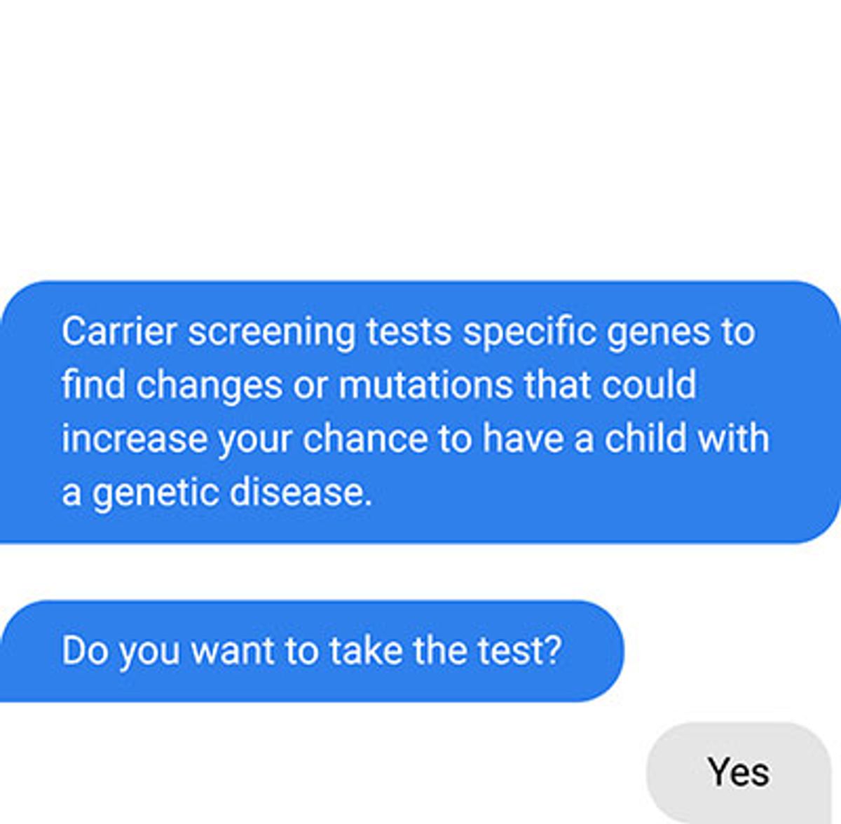 A conscientious nurse bot explaining carrier screening in plain, factual terms and asking "Do you want to take the test?"