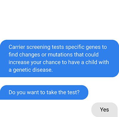 A conscientious nurse bot explaining carrier screening in plain, factual terms and asking "Do you want to take the test?"