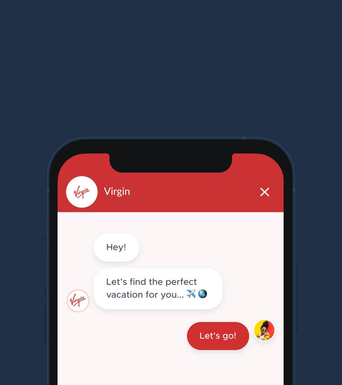 Virgin's Messenger chatbot open on a phone, opening with “Hey! Let’s find the perfect vacation for you…” and a red “Let’s go!” reply button