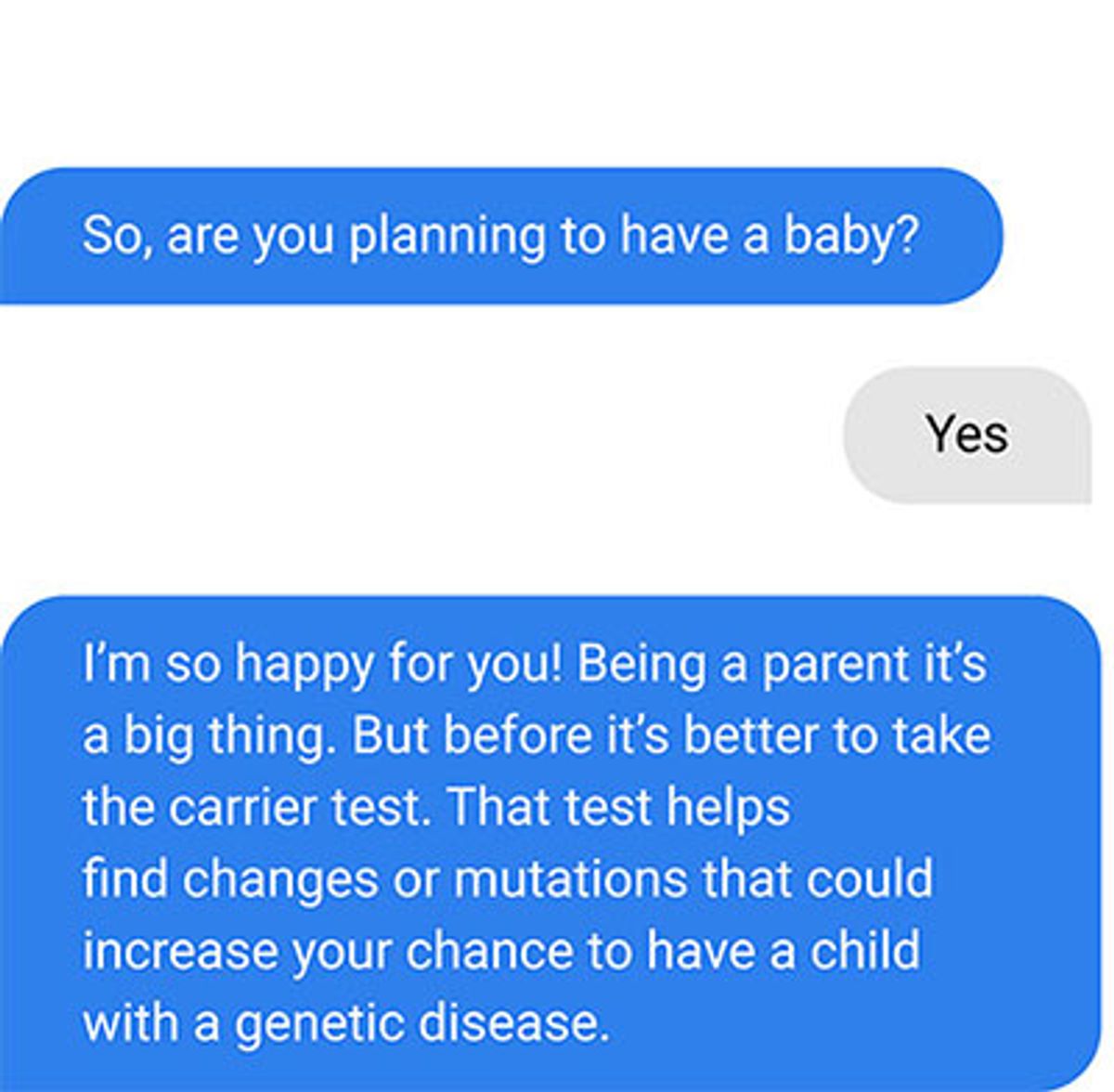 The same nurse bot written for openness - it reacts warmly to the news of a baby before explaining the carrier test