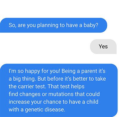 The same nurse bot written for openness - it reacts warmly to the news of a baby before explaining the carrier test