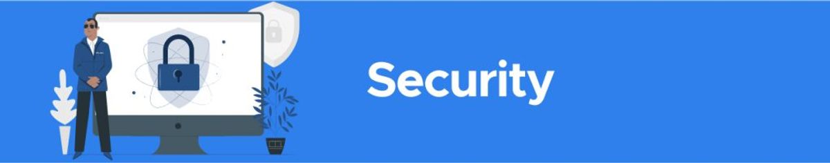 Illustration of a guard standing beside a monitor displaying a padlock icon, labeled 'Security'