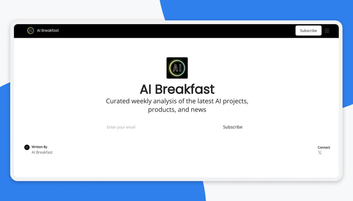 Screenshot of the AI Breakfast sign-up page: the AI Breakfast logo and name over the line "Curated weekly analysis of the latest AI projects, products, and news", an email field with a Subscribe button, and a "Written By AI Breakfast" byline.