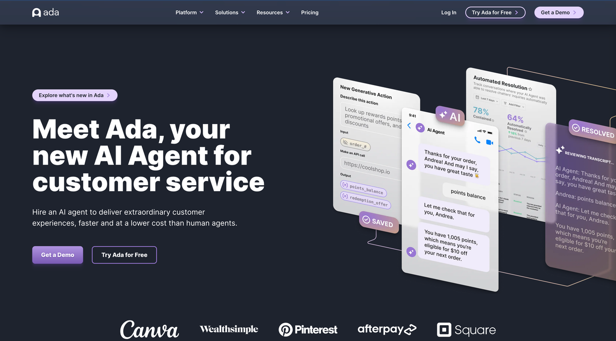 The Ada homepage: “Meet Ada, your new AI Agent for customer service” on a dark background beside stacked conversation cards, over Canva, Wealthsimple, Pinterest, Afterpay and Square logos.