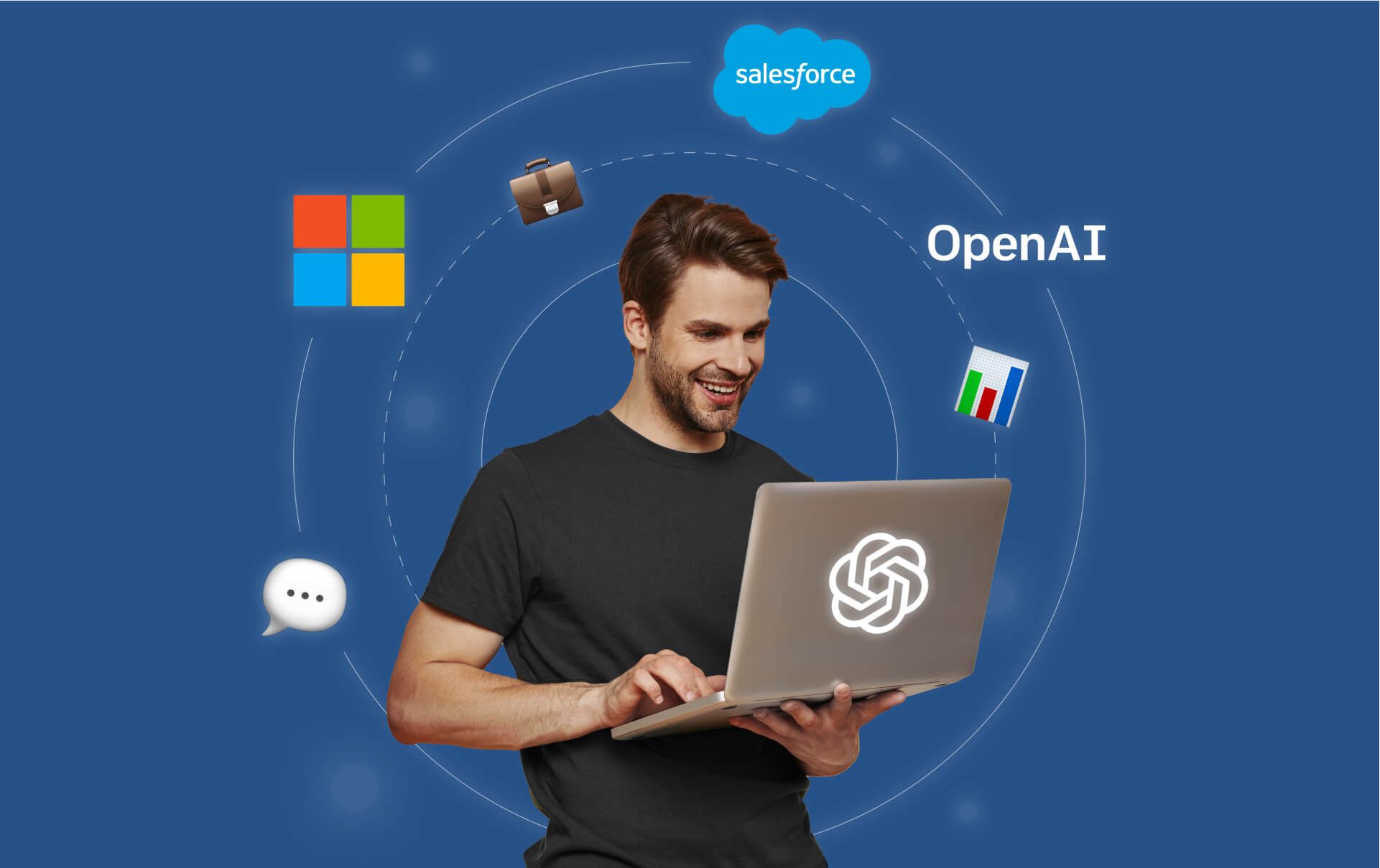 A smiling man in a black t-shirt holding an open laptop with the OpenAI logo on its lid, ringed by floating Salesforce, Microsoft, OpenAI, briefcase, chart and chat-bubble marks on a blue field