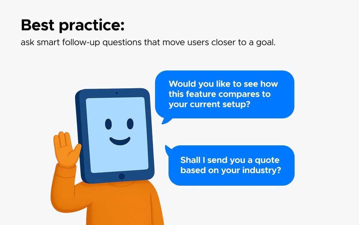 BotsCrew card "Best practice: ask smart follow-up questions that move users closer to a goal", with a tablet-headed character beside two chat bubbles offering a feature comparison and a quote