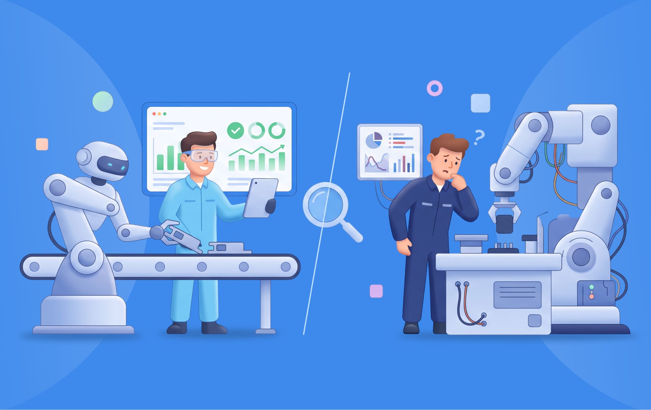 Two manufacturing AI rollouts side by side: a fabric maker's document pile feeding an internal assistant, and a filter maker's ERP wired to a weekend prototype