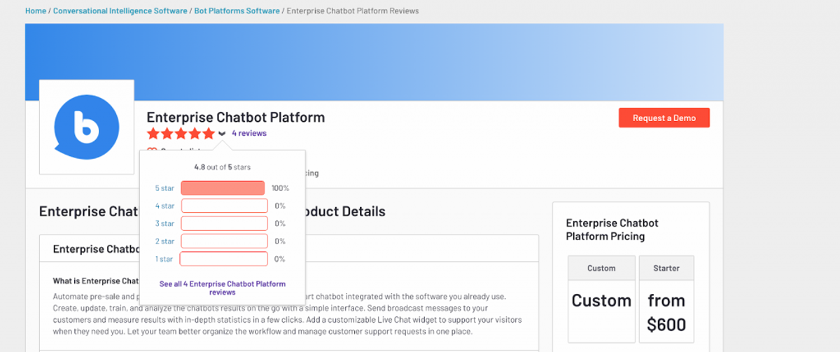 BotsCrew's G2 listing for its Enterprise Chatbot Platform, showing a five-star rating from four reviews and a breakdown panel reading 4.8 out of 5 stars with 100% of ratings at five stars