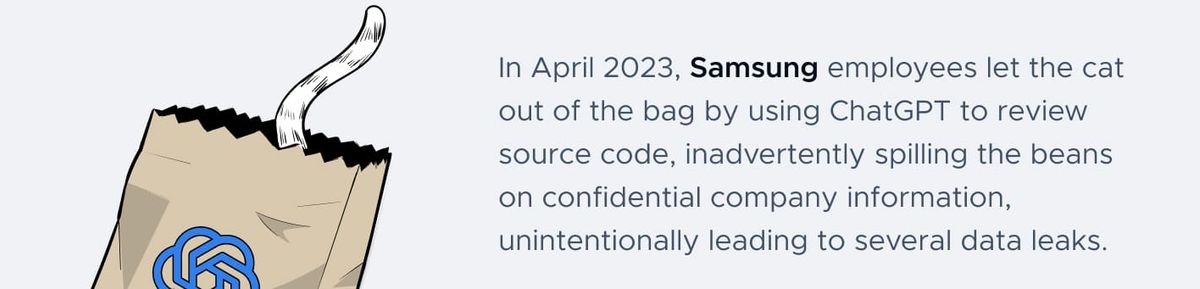 Illustration of a cat's tail poking out of a paper bag marked with the OpenAI logo, beside the note: In April 2023, Samsung employees let the cat out of the bag by using ChatGPT to review source code, inadvertently spilling the beans on confidential company information, unintentionally leading to several data leaks.