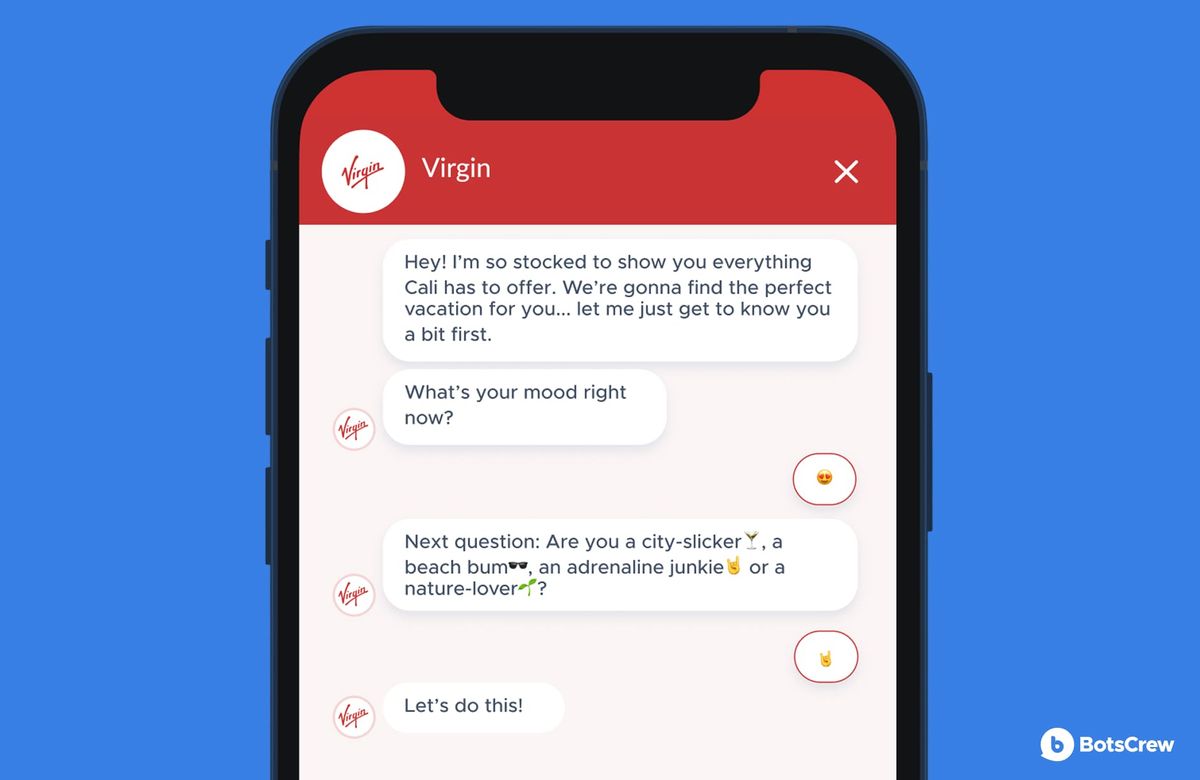 Virgin Holidays chatbot conversation demo, speaking with a friendly Californian-accent personality